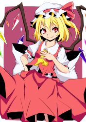 Rule 34 | 1girl, ascot, back bow, blonde hair, bow, center frills, closed mouth, collarbone, collared shirt, cowboy shot, crystal, dress shirt, fang, fang out, flandre scarlet, frilled sleeves, frills, hair between eyes, hand on own hip, hat, hat ribbon, highres, large bow, medium hair, mob cap, multicolored wings, one side up, pink background, puffy short sleeves, puffy sleeves, red eyes, red ribbon, red skirt, red vest, ribbon, shirt, short sleeves, skirt, skirt set, sleeve ribbon, solo, tomo kero, touhou, vest, white background, white bow, white shirt, wings, yellow ascot