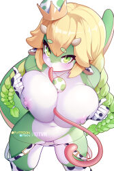 Rule 34 | 1girl, animal print, blonde hair, braid, breasts, cow print, crown, furry, furry female, gloves, gradient hair, green eyes, green hair, highres, horns, hot vr, large breasts, lizard tail, long hair, long tongue, looking at viewer, mario (series), multicolored hair, nintendo, nipples, patreon username, princess yoshi, print gloves, simple background, slit pupils, solo, standing, tail, tongue, twin braids, very long tongue, white background, white gloves