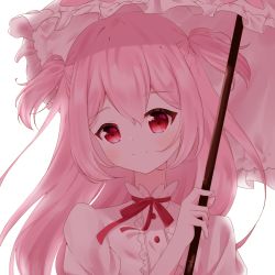 Rule 34 | 1girl, absurdres, cherry blossom cookie, closed mouth, cookie run, highres, huan sakura, humanization, long hair, looking at viewer, parasol, personification, pink eyes, pink hair, pink umbrella, red eyes, smile, solo, umbrella, upper body