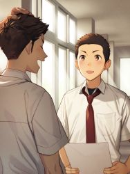 Rule 34 | 2boys, black undershirt, breast pocket, brown eyes, brown hair, crew cut, closed eyes, hallway, highres, holding, holding paper, light rays, looking at another, male focus, multiple boys, necktie, open mouth, original, paper, pocket, red necktie, school, school uniform, short hair, smile, tettabuzz, very short hair, window, wing collar
