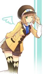 Rule 34 | 1girl, ;), bad id, bad pixiv id, black hat, brown hair, green eyes, hat, leia rolando, one eye closed, short hair, shorts, smile, solo, tales of (series), tales of xillia, tales of xillia 2, tayako, thighhighs, wink