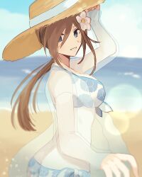 Rule 34 | 1girl, aomattya, arm up, beach, bikini, blue bikini, blue eyes, blue sky, breasts, brown hair, cloud, cloudy sky, commentary request, floral print, flower, from side, front-tie bikini top, front-tie top, hair between eyes, hair flower, hair ornament, hand on headwear, hat, highres, horizon, large breasts, long hair, looking at viewer, looking back, looking to the side, low ponytail, ocean, open clothes, open shirt, outdoors, parted lips, pov, print bikini, sand, see-through, see-through shirt, sky, smile, solo, straw hat, summer, swimsuit, tales of (series), tales of the abyss, tear grants, upper body