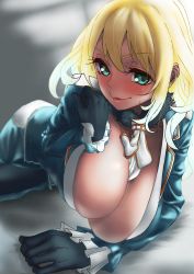 Rule 34 | 10s, 1girl, atago (kancolle), blonde hair, blue eyes, breasts, cleavage, gloves, gradient background, huge breasts, kantai collection, long hair, looking at viewer, lying, on side, parted lips, smile, solo, tomiokasena