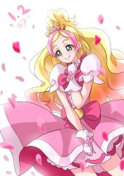 Rule 34 | 1girl, blonde hair, bow, chocokin, cowboy shot, cure flora, earrings, flower earrings, gloves, go! princess precure, green eyes, haruno haruka, jewelry, long hair, magical girl, multicolored hair, petals, pink bow, pink hair, pink skirt, precure, puffy sleeves, skirt, smile, solo, streaked hair, two-tone hair, waist bow, white background, white gloves