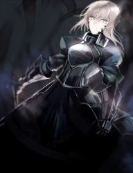 Rule 34 | 1girl, armor, armored dress, artoria pendragon (all), artoria pendragon (fate), black dress, blonde hair, closed mouth, dark background, dark persona, dress, fate/stay night, fate (series), gauntlets, glint, looking at viewer, planted, puffy sleeves, saber (fate), saber alter, short hair, solo, weapon, wowishi, yellow eyes