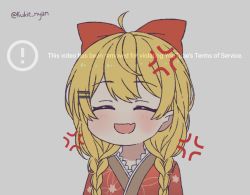 Rule 34 | 1girl, :d, ahoge, anger vein, blonde hair, blush, bow, braid, closed eyes, facing viewer, false smile, fang, grey background, hair bow, hair ornament, hairclip, hololive, japanese clothes, kimono, kukie-nyan, open mouth, red bow, red kimono, simple background, skin fang, smile, solo, twin braids, twitter username, upper body, virtual youtuber, youtube, yozora mel, yozora mel (new year)
