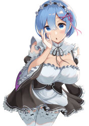 1girl absurdres bare_shoulders black_skirt blue_eyes blue_hair breasts cleavage cowboy_shot hairband hakuou0714 highres large_breasts maid miniskirt re:zero_kara_hajimeru_isekai_seikatsu rem_(re:zero) short_hair simple_background skirt solo standing thighhighs white_background white_thighhighs