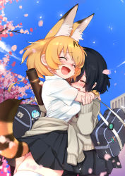 Rule 34 | 10s, 2girls, absurdres, alternate costume, animal ears, black hair, black skirt, blonde hair, blurry, blush, cherry blossoms, clothes around waist, collared shirt, commentary request, contemporary, cowboy shot, crying, depth of field, closed eyes, happy tears, highres, hug, kaban (kemono friends), kemono friends, lucky beast (kemono friends), miniskirt, multiple girls, pleated skirt, school uniform, serval (kemono friends), serval tail, shirt, skindentation, skirt, spoilers, striped tail, sweater, sweater around waist, tail, tears, thighs, try (lsc), wavy hair, white legwear