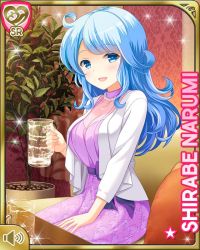 Rule 34 | 1girl, alcohol, beer, beer mug, blue eyes, blue hair, bow, card (medium), character name, cup, dress, flower, girlfriend (kari), indoors, jacket, jewelry, long hair, matching hair/eyes, mug, necklace, official art, open mouth, pink dress, plant, purple bow, purple eyes, qp:flapper, shirabe narumi, shirt, sitting, skirt, solo, table, tagme, white jacket
