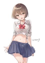 Rule 34 | 1girl, :o, artist name, blue skirt, bow, bowtie, breasts, brown eyes, brown hair, buttons, cleavage, clothes lift, collared shirt, cowboy shot, dress shirt, groin, highres, looking at viewer, medium breasts, midriff, miniskirt, navel, open mouth, original, pleated skirt, red bow, red bowtie, school uniform, shirt, shirt lift, short hair, simple background, skirt, sleeves past elbows, solo, standing, stomach, strobo19, thighs, white background, white shirt