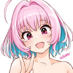 Rule 34 | 1girl, ahoge, aqua hair, artist name, blush, bob cut, collarbone, colored inner hair, commentary request, fangs, flick (sal23), gradient hair, hair intakes, happy, idolmaster, idolmaster cinderella girls, idolmaster cinderella girls starlight stage, looking at viewer, medium hair, multicolored hair, open mouth, pink eyes, pink hair, portrait, raised eyebrows, signature, simple background, smile, solo, twitter username, two-tone hair, v, white background, yumemi riamu
