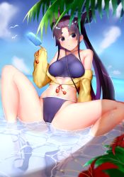 Rule 34 | 1girl, absurdres, alternate costume, arm support, bare shoulders, black hair, blue eyes, blue sky, blush, boruhis, breasts, cameltoe, cleavage, collarbone, commentary request, day, fate/grand order, fate (series), flower, full body, halterneck, hibiscus, highres, long hair, looking at viewer, midriff, open mouth, parted bangs, parted lips, platform footwear, short eyebrows, side ponytail, sitting, sky, small breasts, solo, thighs, ushiwakamaru (fate), ushiwakamaru (swimsuit assassin) (first ascension) (fate), very long hair, water