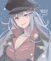Rule 34 | 1girl, black gloves, blue background, character name, crossed arms, dated, gangut (kancolle), gloves, grey hair, jacket, jacket on shoulders, kantai collection, kasumi (skchkko), long hair, looking at viewer, open clothes, open jacket, red eyes, red shirt, shirt, snow, solo, twitter username, upper body, white jacket