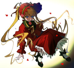 Rule 34 | 1girl, black footwear, blonde hair, blue eyes, bonnet, bow, bowtie, capelet, crossed bangs, dress, expressionless, falling petals, floating, floating hair, footwear bow, from side, full body, green bow, green bowtie, hair ribbon, knees up, long hair, long sleeves, pantyhose, petals, red capelet, red dress, red headwear, ribbon, rozen maiden, shinku, shoes, sidelocks, sketch, solo, twintails, white pantyhose, wuliu heihuo