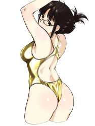 Rule 34 | 1girl, akizuki ritsuko, antenna hair, armpits, arms up, ass, back, back cutout, bare arms, bare shoulders, black-framed eyewear, blunt bangs, blush, breasts, brown eyes, brown hair, closed mouth, clothing cutout, competition swimsuit, cowboy shot, cropped legs, curvy, folded ponytail, glasses, highres, hip focus, humiyou, idolmaster, idolmaster (classic), medium breasts, one-piece swimsuit, shiny clothes, short hair, sidelocks, simple background, smile, solo, standing, swimsuit, thighs, white background, yellow one-piece swimsuit