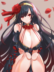 Rule 34 | 1girl, alta (sennen sensou aigis), alternate breast size, arms between legs, ascot, bare shoulders, black dress, black hair, blunt bangs, blunt ends, blurry, blurry background, breasts, brown hair, cleavage, commentary, criss-cross straps, detached collar, doll joints, dress, earrings, falling petals, flower, frilled ascot, frilled dress, frills, glint, gold hairband, gold trim, gradient hair, hair flower, hair ornament, hair over one eye, hair ribbon, hairband, head tilt, huge breasts, jewelry, joints, light frown, long hair, looking at viewer, low neckline, mole, mole on breast, multicolored hair, petals, red ascot, red dress, red eyes, red flower, red ribbon, red rose, ribbon, rose, sennen sensou aigis, shiny skin, sitting, solo, sweatdrop, two-sided dress, two-sided fabric, very long hair, yasagure2828