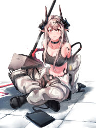 Rule 34 | 1girl, arknights, black choker, black footwear, black gloves, boots, breasts, choker, cleavage, commentary, crop top, gloves, hammer, highres, horns, indian style, infection monitor (arknights), large breasts, long hair, looking at viewer, lownd, material growth, midriff, mudrock (arknights), mudrock (elite ii) (arknights), navel, oripathy lesion (arknights), pants, pointy ears, red eyes, shadow, silver hair, simple background, sitting, solo, sports bra, stomach, weapon, white background, white pants