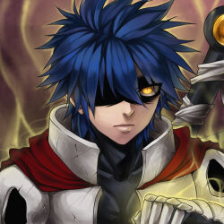 Rule 34 | 1boy, armor, artist request, aura, bandages, blue hair, breastplate, brown background, cape, closed mouth, expressionless, gauntlets, hair between eyes, hair over one eye, long bangs, looking at viewer, male focus, ragnarok online, red cape, shaded face, short hair, slit pupils, solo, spiked hair, thanatos (ragnarok online), third-party source, upper body, yellow eyes