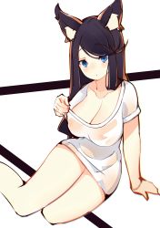 Rule 34 | 1girl, absurdres, animal ears, azur lane, black hair, blue eyes, breasts, cat ears, cleavage, commentary request, covered erect nipples, fusou (azur lane), highres, large breasts, long hair, looking at viewer, naked shirt, rain lan, see-through, shirt, solo, t-shirt, wet, wet clothes, wet shirt, white shirt