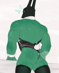 Rule 34 | !, 1boy, absurdres, alternate costume, ass, ass focus, bara, bare back, bare shoulders, black legwear, bow, bowtie, colored skin, crossdressing, detached collar, fake horns, feet out of frame, fishnet legwear, fishnets, from behind, ghangaji, green skin, helmet, highres, horned helmet, horns, league of legends, leotard, male focus, male playboy bunny, monster boy, mordekaiser, muscular, muscular male, parody, pulling another&#039;s clothes, see-through silhouette, skindentation, solo focus, strapless, strapless leotard, surprised, thick thighs, thighhighs, thighs, wrist cuffs