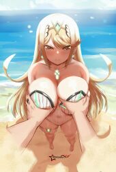 Rule 34 | 1girl, absurdres, awesomeerix, blonde hair, breasts, chest jewel, gem, grabbing, grabbing another&#039;s breast, headpiece, highres, large breasts, long hair, mythra (radiant beach) (xenoblade), mythra (xenoblade), one-piece swimsuit, revision, rex (xenoblade), ribbed swimsuit, strapless, strapless one-piece swimsuit, striped clothes, striped one-piece swimsuit, swept bangs, swimsuit, tiara, vertical-striped clothes, vertical-striped one-piece swimsuit, very long hair, white one-piece swimsuit, xenoblade chronicles (series), xenoblade chronicles 2, yellow eyes