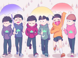 Rule 34 | 6+boys, absurdres, blue hoodie, brothers, green hoodie, highres, holding, holding umbrella, hood, hoodie, matsuno choromatsu, matsuno ichimatsu, matsuno jyushimatsu, matsuno karamatsu, matsuno osomatsu, matsuno todomatsu, multiple boys, osomatsu-san, osomatsu (series), pink hoodie, purple hoodie, rain, red hoodie, sextuplets, siblings, umbrella, yellow hoodie