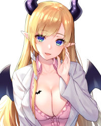 Rule 34 | 1girl, bat tattoo, bat wings, black horns, blonde hair, blouse, blue eyes, blush, breast tattoo, breasts, center frills, cleavage, collarbone, commentary request, demon girl, demon horns, demon wings, frills, hand up, hololive, horns, large breasts, long hair, long sleeves, looking at viewer, open clothes, open mouth, open shirt, pensuke, pink shirt, pointy ears, shirt, simple background, smile, solo, tattoo, upper body, virtual youtuber, white background, white shirt, wings, yuzuki choco, yuzuki choco (1st costume)