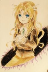 Rule 34 | 1girl, blonde hair, blue eyes, brown jacket, collared shirt, colored pencil (medium), commentary request, forehead jewel, frilled sleeves, frills, green necktie, jacket, kaigen 1025, kikuri (touhou), long hair, long sleeves, necktie, open mouth, orb, parted bangs, shirt, skirt, smile, solo, touhou, touhou (pc-98), traditional media, wavy hair, white shirt, yellow skirt