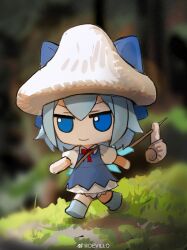 Rule 34 | 1girl, absurdres, blue dress, blue eyes, blue hair, blurry, blurry background, bright pupils, chinese commentary, cirno, closed mouth, day, devil lo, dress, full body, fumo (doll), grass, highres, ice, ice wings, meme, mushroom hat, neck ribbon, outdoors, pinafore dress, puffy short sleeves, puffy sleeves, red ribbon, ribbon, short hair, short sleeves, sleeveless, sleeveless dress, smile, snail, solo, touhou, v-shaped eyebrows, walking, watermark, weibo logo, weibo watermark, white pupils, wings