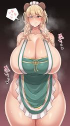 Rule 34 | 1girl, :q, abarano, animal ears, apron, bear ears, blonde hair, blue eyes, blush, braid, breasts, cleavage, frigga (last origin), gradient background, hair between eyes, heart, highres, huge breasts, last origin, licking lips, long hair, looking at viewer, maid headdress, naked apron, plump, simple background, smile, solo, spoken heart, steaming body, sweat, thick thighs, thighs, tongue, tongue out, twin braids, wide hips