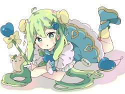 Rule 34 | 1girl, ahoge, blue bow, blue dress, blue footwear, blush, boots, bow, bun cover, chestnut mouth, double bun, dress, full body, gloves, green eyes, green hair, hair bun, hair ornament, heart, highres, holding, holding wand, long hair, looking at viewer, lying, on stomach, original, parted lips, shadow, simple background, solo, sweat, tsukiyo (skymint), twintails, very long hair, wand, white background, white gloves