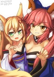 Rule 34 | 2girls, animal ears, bare shoulders, blonde hair, blue bow, blue kimono, blush, bow, breasts, cleavage, crossover, detached collar, detached sleeves, fang, fate/extra, fate (series), fox ears, fox girl, fox tail, green eyes, grin, hair bow, hair ornament, highres, japanese clothes, kimono, large breasts, long hair, long sleeves, looking at viewer, mon-musu quest!, multiple girls, name connection, novus rue, open mouth, pink hair, sidelocks, simple background, small breasts, smile, tail, tamamo (fate), tamamo (mon-musu quest!), tamamo no mae (fate/extra), trait connection, twintails, upper body, white kimono, wide sleeves, yellow eyes