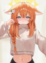 Rule 34 | 1girl, :&lt;, absurdres, alternate costume, animal ear fluff, animal ears, blue archive, blue eyes, braid, clenched hand, closed mouth, commentary, cropped sweater, double-parted bangs, ears down, fox ears, frown, hair between eyes, halo, hand up, highres, looking at viewer, mari (blue archive), midriff, navel, orange hair, reaching, reaching towards viewer, ryu o, simple background, single braid, single hair tube, solo, sweater, symbol-only commentary, turtleneck, turtleneck sweater, upper body, white background, white sweater, yellow halo