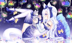 Rule 34 | 1girl, animal, animal ear fluff, animal ears, bad id, bad pixiv id, bare shoulders, blue bow, blue eyes, blue flower, blush, bow, breasts, brown eyes, cat, cat ears, cat girl, cat tail, commentary, detached sleeves, dress, english commentary, flower, gem, gradient dress, gradient legwear, hair bow, high heels, juliet sleeves, legs up, long hair, long sleeves, lying, medium breasts, multicolored clothes, multicolored legwear, nami (nyaa), on back, original, parted lips, pillow, pink flower, profile, puffy sleeves, purple dress, purple footwear, purple thighhighs, reflection, shoes, signature, silver hair, sleeves past wrists, smile, solo, strapless, strapless dress, tail, thighhighs, very long hair, white dress, white flower, white sleeves, white thighhighs, yellow bow