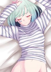 Rule 34 | 1girl, arms up, borrowed character, bottomless, green hair, hands on own head, herio, highres, lying, on back, original, out-of-frame censoring, pink eyes, shirt, short hair, solo, striped clothes, striped shirt, tattoo