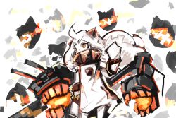 Rule 34 | 10s, 1girl, abyssal ship, covered mouth, deel (rkeg), dress, highres, horns, kantai collection, long hair, mecha musume, northern ocean princess, orange eyes, simple background, solo, white hair