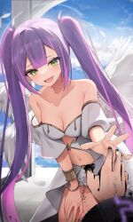 Rule 34 | 1girl, bare shoulders, barefoot, black gloves, breasts, cleavage, gloves, highres, hololive, holox, la+ darknesss, medium breasts, open mouth, purple hair, smile, solo, tearing up, thomas 8000, tokoyami towa, twintails, virtual youtuber