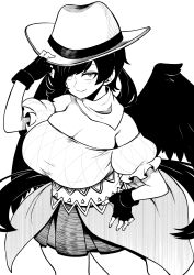 Rule 34 | 1girl, absurdres, adjusting clothes, adjusting headwear, bandana, breasts, cleavage, closed mouth, commentary request, cowboy hat, cowboy western, dress, feathered wings, fingerless gloves, from above, gloves, greyscale, hand on own hip, hat, highres, himajin noizu, holding, holding clothes, holding hat, horse tail, kurokoma saki, large breasts, long hair, monochrome, off-shoulder dress, off shoulder, overskirt, pegasus wings, ponytail, short dress, smile, solo, tail, touhou, wings