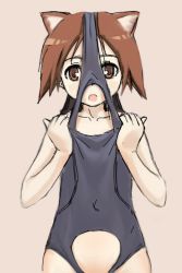 Rule 34 | 00s, 1girl, animal ears, ayastyle, brown eyes, brown hair, miyafuji yoshika, non-web source, one-piece swimsuit, school swimsuit, school swimsuit flap, short hair, sketch, solo, strike witches, swimsuit, upside-down, wardrobe error, world witches series, you&#039;re doing it wrong