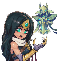 Rule 34 | 1boy, 1girl, armor, azir, bare shoulders, black hair, breasts, colored skin, cropped torso, gold armor, green eyes, helm, helmet, league of legends, long hair, medium breasts, nintendo, open mouth, phantom ix row, scarf, shiny skin, simple background, sivir, teeth, the legend of zelda, the legend of zelda: tears of the kingdom, upper body, upper teeth only, white background