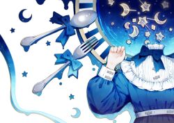 Rule 34 | 1other, absurdres, artist name, blue bow, blue bowtie, blue dress, blue theme, bow, bowtie, center frills, clock face, commentary request, crescent moon, dress, facing viewer, fork, frilled dress, frills, from above, highres, hitoba, long sleeves, lying, moon, on back, original, oversized object, puffy sleeves, sleeve cuffs, solo, spoon, star (symbol), upper body