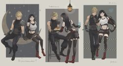 Rule 34 | 1boy, 1girl, armor, bare shoulders, black hair, black skirt, black thighhighs, blonde hair, blue eyes, breasts, cloud strife, couple, crescent moon, crop top, cup, detached sleeves, earrings, english text, final fantasy, final fantasy vii, final fantasy vii remake, food, full body, gloves, hanging light, highres, holding, holding cup, holding hands, holding plate, injury, jewelry, large breasts, long hair, looking at another, low-tied long hair, midriff, moon, multiple views, navel, plate, red eyes, red footwear, shillo, shoulder armor, sitting, skirt, spiked hair, standing, star (symbol), suspender skirt, suspenders, tank top, thighhighs, tifa lockhart, torn clothes, torn legwear, white tank top