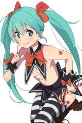 Rule 34 | 00s, 1girl, aqua eyes, aqua hair, boots, breasts, candy, candy cane, food, furuyama itaru, grin, hair between eyes, hair ribbon, halloween, hatsune miku, long hair, looking at viewer, microskirt, no bra, ribbon, simple background, skirt, small breasts, smile, solo, striped clothes, striped thighhighs, thighhighs, topless, twintails, vocaloid, white background, wrist cuffs