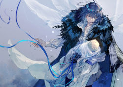 Rule 34 | 1boy, 1other, arthropod boy, baby, baby carry, black hair, blonde hair, blue eyes, blue ribbon, cape, carrying, chinese commentary, cloak, crown, diamond hairband, fate/grand order, fate (series), feet out of frame, fur-trimmed cape, fur-trimmed cloak, fur trim, insect on finger, insect wings, light particles, long hair, long sleeves, looking at another, male focus, medium hair, oberon (fate), oberon (third ascension) (fate), ribbon, shichimi (ftlvampire32), shirt, short hair, solo, spoilers, white shirt, wings