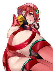 Rule 34 | 1girl, armor, ass, ass focus, aw999555, black gloves, blush, breasts, fingerless gloves, gloves, highres, large breasts, looking at viewer, lying, nose blush, on side, parted lips, pointing, pointing at self, pyra (xenoblade), red eyes, red hair, red shorts, red thighhighs, short hair, short shorts, shorts, shoulder armor, simple background, smile, solo, thighhighs, tiara, white background, xenoblade chronicles (series), xenoblade chronicles 2