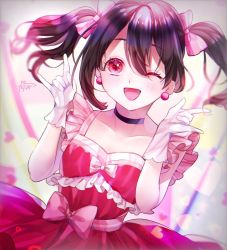 Rule 34 | 1girl, ;), artist name, artist request, bare shoulders, black choker, black hair, blush, bow, bowtie, breasts, choker, cleavage, collarbone, double m/, dress, dress bow, earrings, female focus, flat chest, frilled shirt collar, frills, gloves, hair between eyes, hair bow, heart, highres, jewelry, lace, lace-trimmed gloves, lace trim, long hair, looking at viewer, love live!, love live! school idol festival, love live! school idol project, miniskirt, nico nico nii, one eye closed, parted lips, pink bow, pink dress, pink skirt, plaid, plaid dress, plaid skirt, pleated, pleated dress, pleated skirt, pom pom (clothes), red bow, red dress, red eyes, red skirt, short hair, short twintails, skirt, small breasts, smile, solo, twintails, two-tone skirt, white bow, white gloves, white wings, wings, wink, yazawa nico