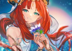 Rule 34 | 1girl, bare shoulders, flower, forehead jewel, genshin impact, green eyes, grin, highres, holding, holding flower, jewelry, long hair, looking afar, looking at viewer, neck ring, nilou (genshin impact), parted bangs, parted lips, smile, solo, somosimosi, twintails, upper body, vambraces