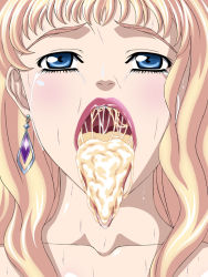 Rule 34 | 1girl, blonde hair, blue eyes, collarbone, cum, cum in mouth, cum string, female focus, licking, long tongue, macross, macross frontier, mouth focus, open mouth, saliva, sheryl nome, solo, sweat, tears, tongue, tongue out, uvula, vogue