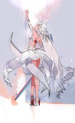 Rule 34 | 1girl, altera (fate), arm up, back, back tattoo, bare shoulders, dark-skinned female, dark skin, detached sleeves, fate/grand order, fate (series), from behind, full-body tattoo, headdress, high heels, holding, holding sword, holding weapon, leg tattoo, legs, looking up, multicolored background, photon ray (fate), red eyes, short hair, skirt, solo, standing, starshadowmagician, sword, tan, tattoo, veil, weapon, white footwear, white hair, white skirt
