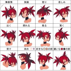 Rule 34 | 1girl, :p, ^ ^, choker, closed eyes, disgaea, etna (brs-etna), etna (disgaea), expressions, fang, highres, multiple views, nippon ichi, pointy ears, red eyes, red hair, short hair, smile, tongue, tongue out, translation request, twintails, white background